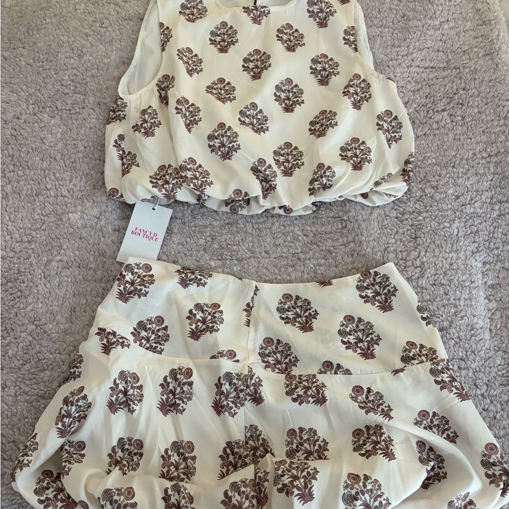 Shop Fancy Floral Print Mini Skirt Set - Cream and Brown